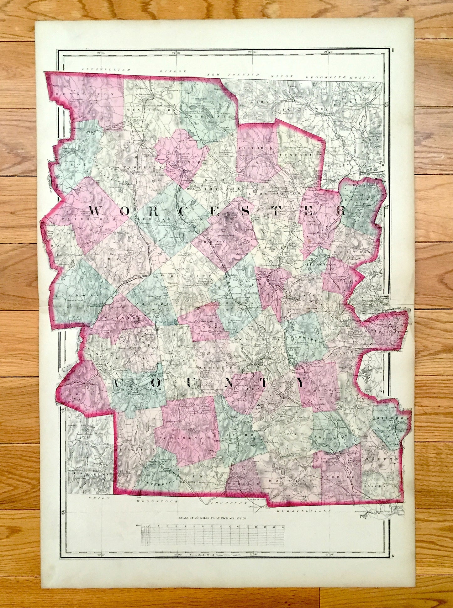 Antique 1871 Worcester County, Massachusetts Topographical Map from Stedman & Lyon Atlas – Sturbridge, Auburn, Webster Charlton Wachusett MA