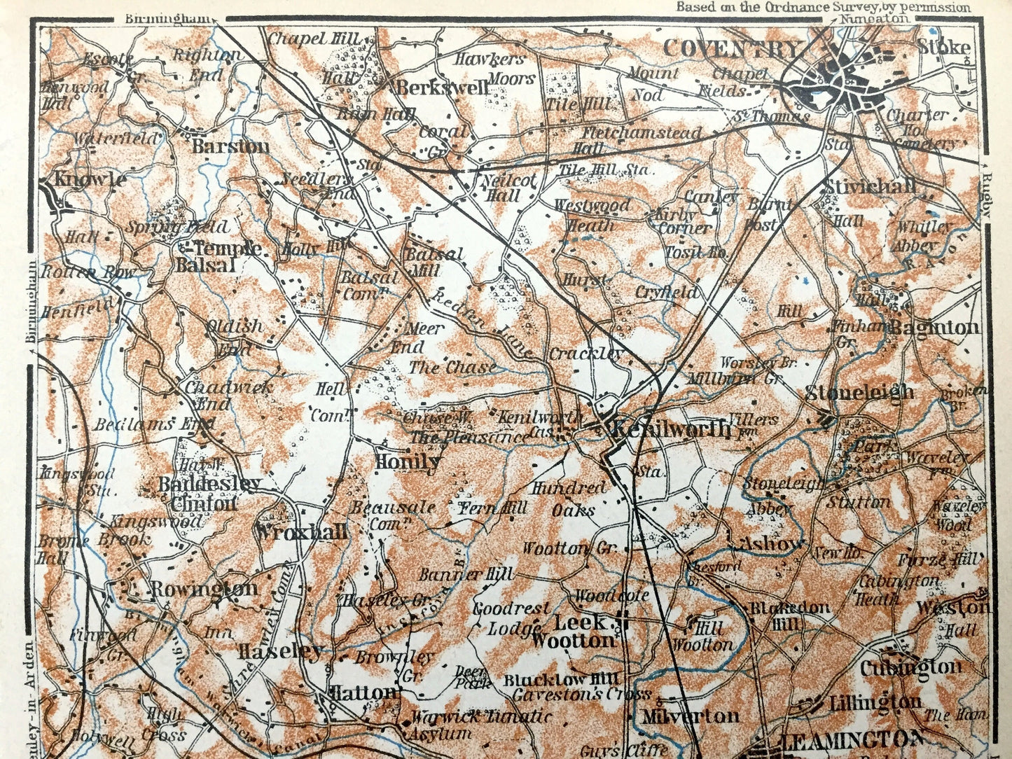 Antique 1927 Warwickshire County, England Map from Baedekers Atlas of Great Britain – West Midlands, Warwick, Leamington, Coventry Stratford