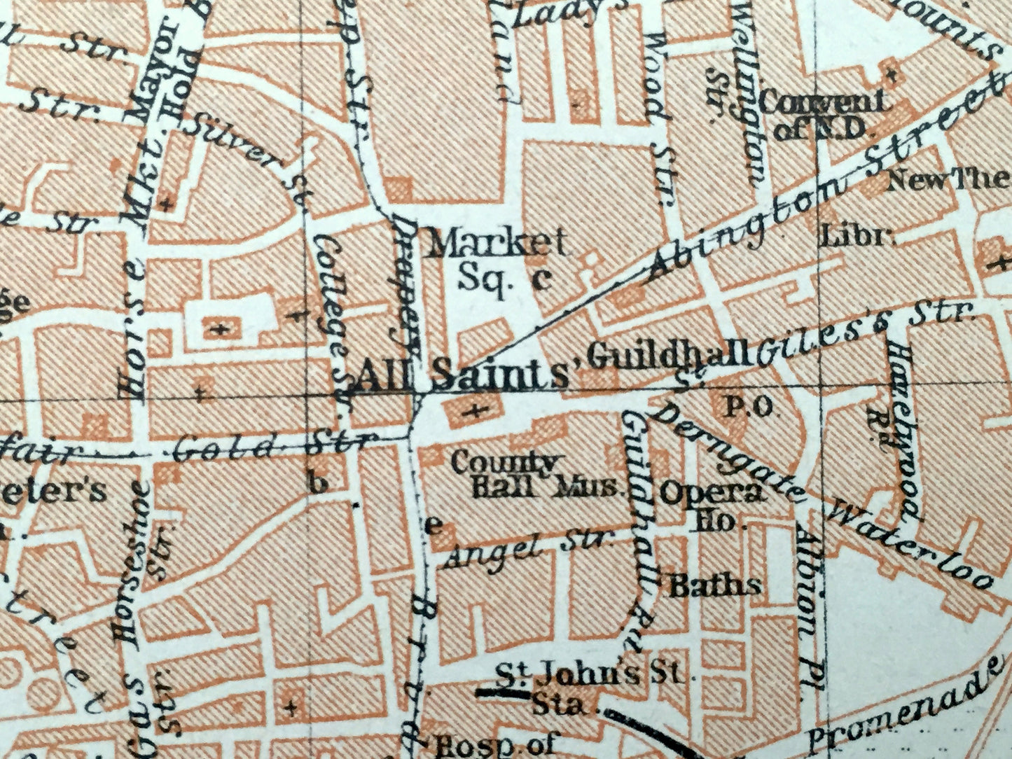 Antique 1927 Northampton & Coventry, England Map from Baedekers Atlas of Great Britain – Midlands, Northamptonshire, Warwickshire, Spon End