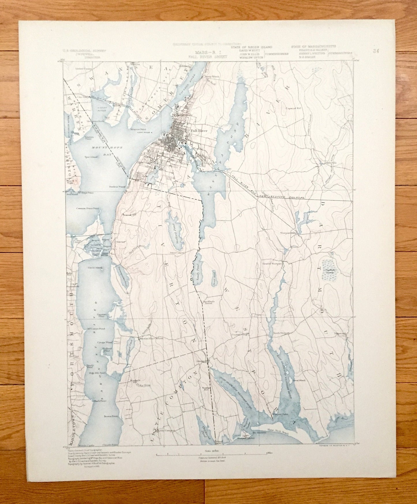 Antique 1885 Fall River, Massachusetts US Geological Survey Topographic Map – Sakonnet River, Swansea, Westport & Tiverton, Rhode Island, MA