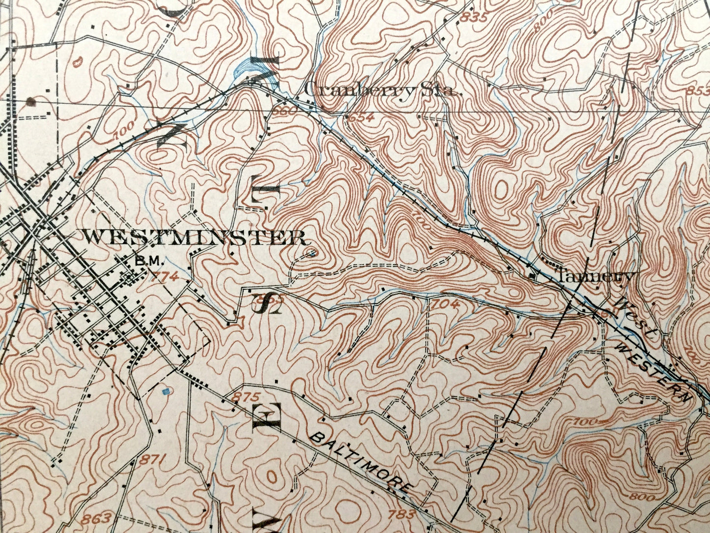 Antique Westminster, Maryland 1905 US Geological Survey Topographic Map – Baltimore, York County, Pennsylvania, Hampstead, Manchester, MD PA