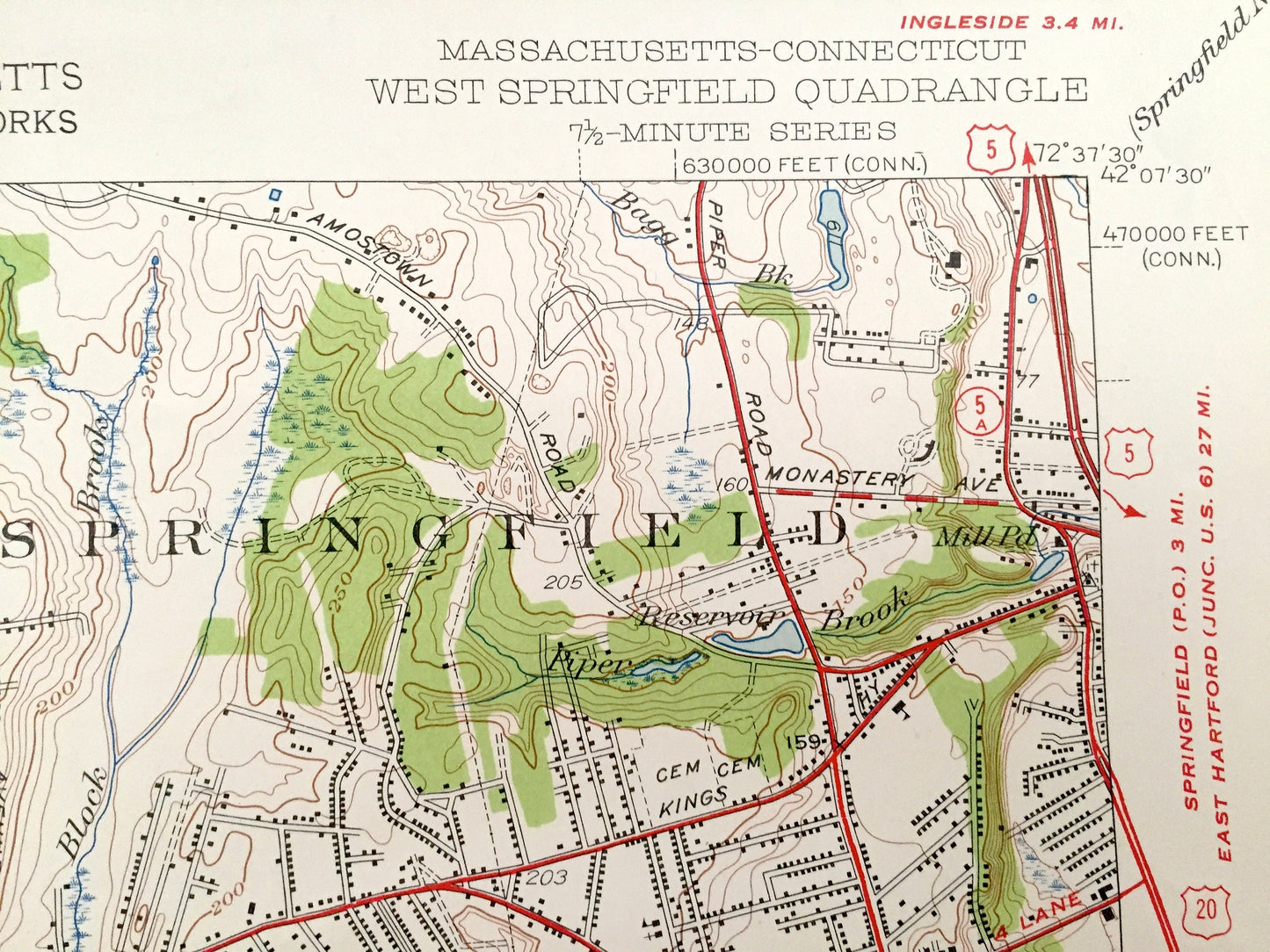 Antique West Springfield, Massachusetts 1944 US Geological Survey Topographic Map – Hampden County, Southwick, Westfield, Agawam, Suffield