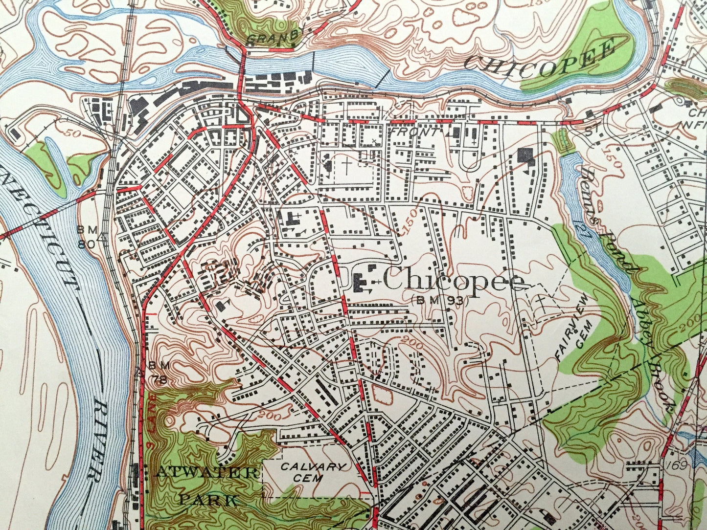 Antique Springfield North, Massachusetts 1946 US Geological Survey Topographic Map – Hampden County, South Hadley, Granby, Holyoke, Chicopee