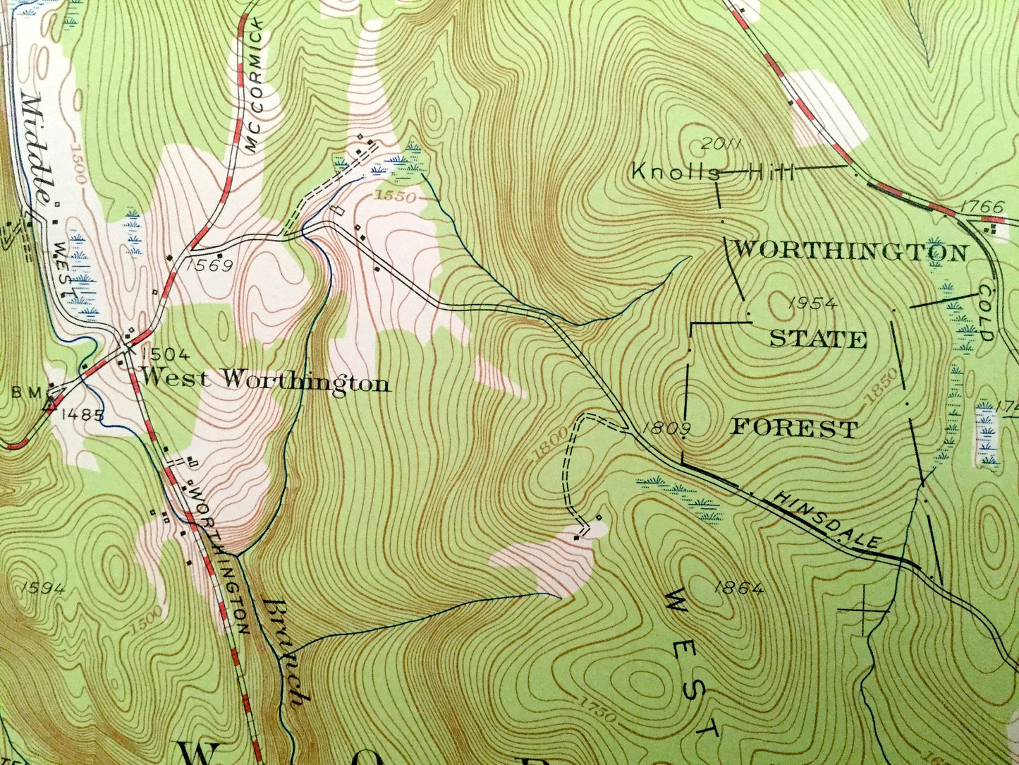 Antique Worthington, Massachusetts 1956 US Geological Survey Topographic Map – Hampshire County, Plainfield, Cummington, Chesterfield, Peru