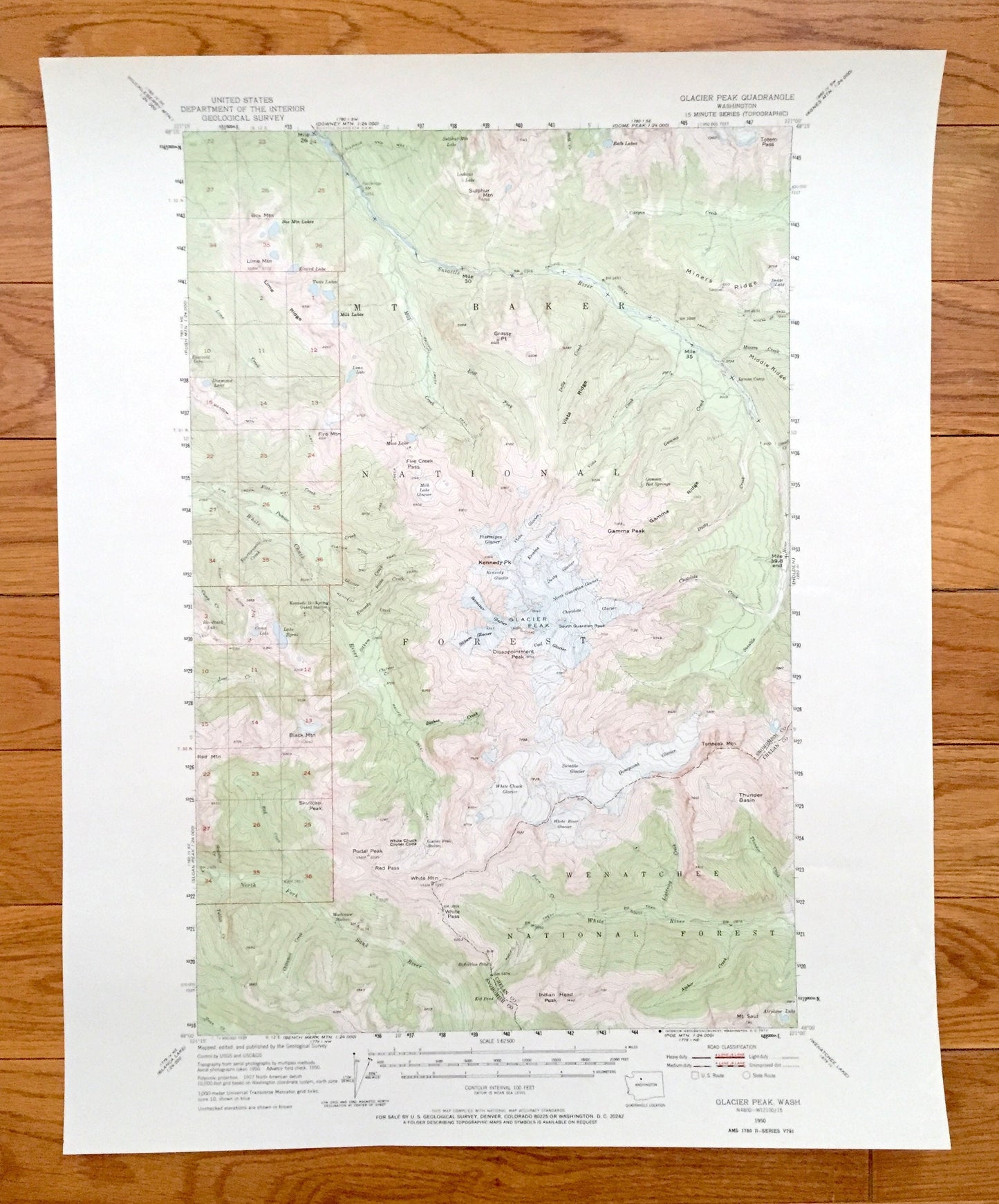 Antique Glacier Peak, Washington 1950 US Geological Survey Topographic Map – Chelan, Snohomish County, Mt Baker National Forest, Wenatchee