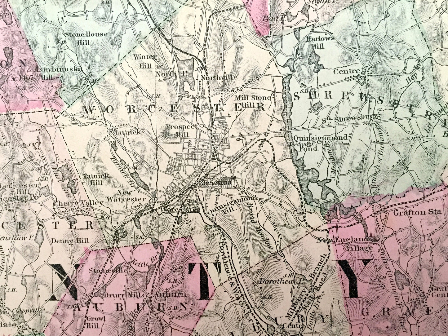 Antique 1871 Worcester County, Massachusetts Topographical Map from Stedman & Lyon Atlas – Sturbridge, Auburn, Webster Charlton Wachusett MA