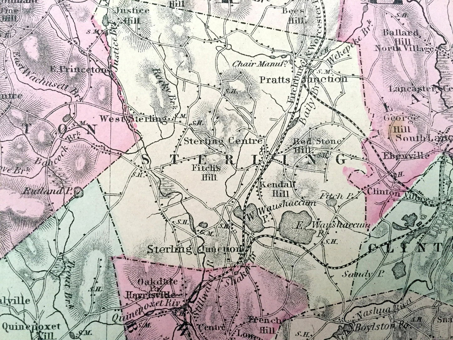 Antique 1871 Worcester County, Massachusetts Topographical Map from Stedman & Lyon Atlas – Sturbridge, Auburn, Webster Charlton Wachusett MA