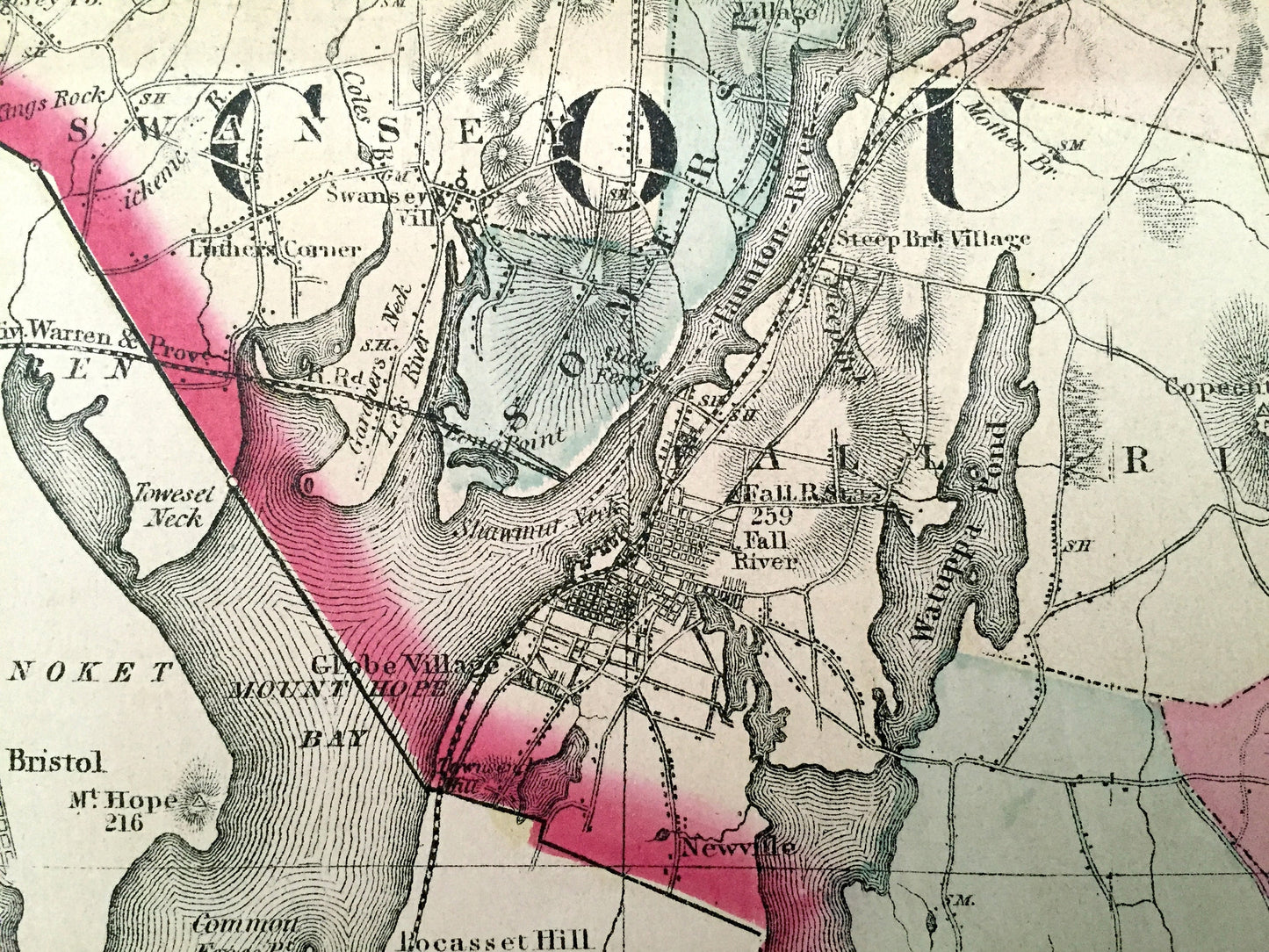 Antique 1871 Bristol County, Massachusetts Topographical Map from Stedman Brown & Lyon Atlas – Fall River, New Bedford Westport Dartmouth MA