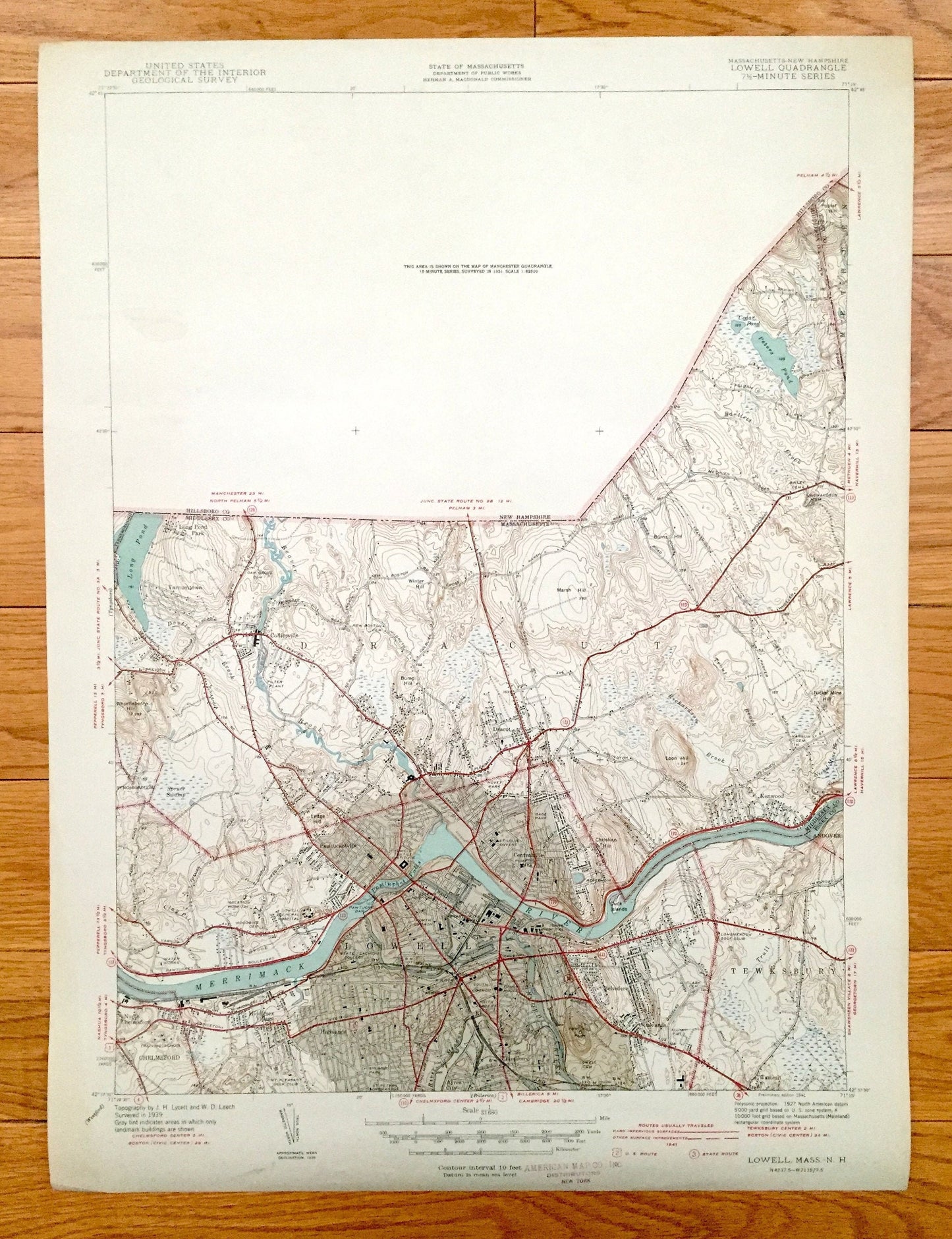 Antique Lowell, Massachusetts 1941 US Geological Survey Topographic Map – Middlesex County, Dracut, Chelmsford, Tewksbury Merrimack UMass MA