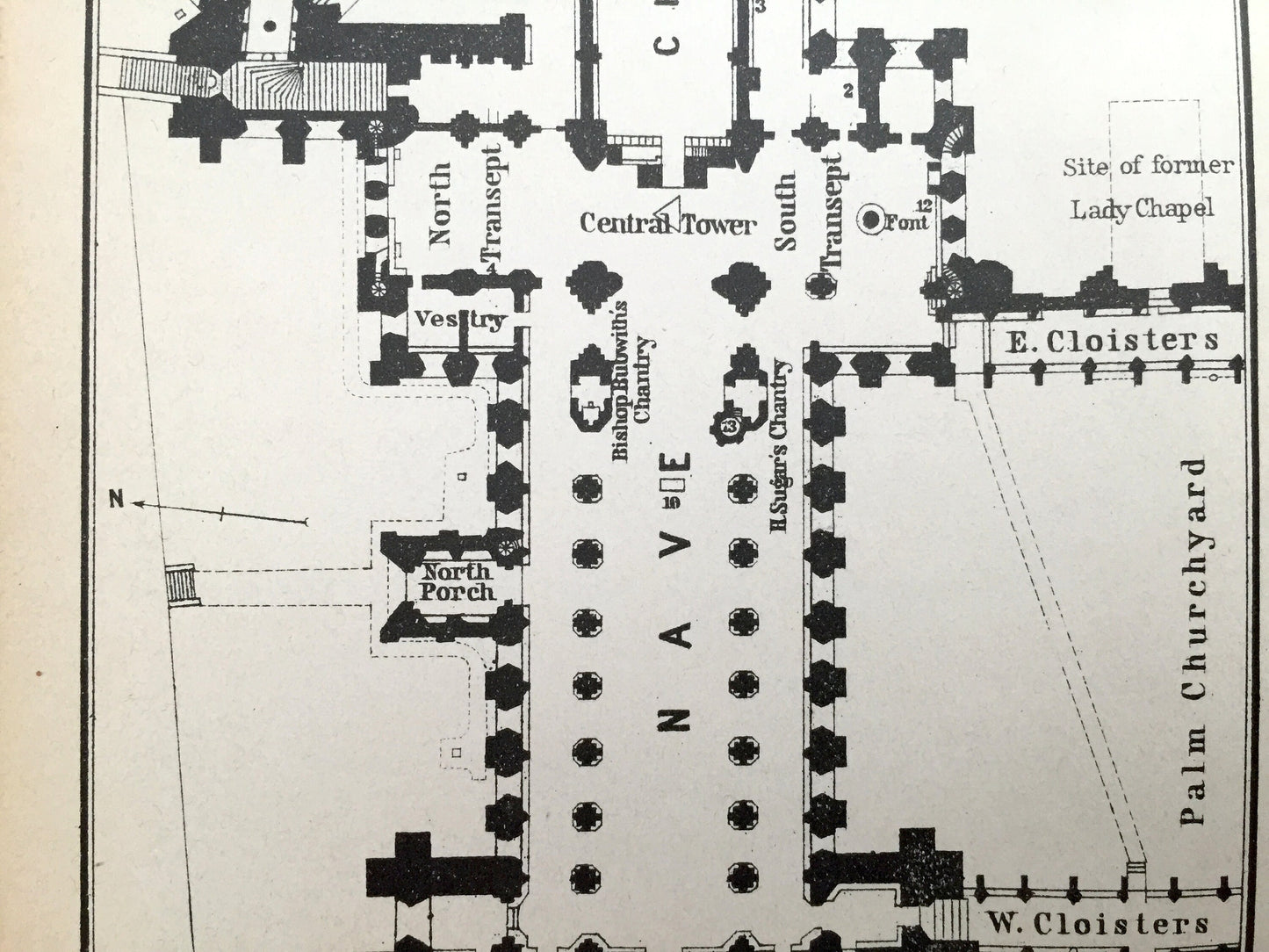 Antique 1927 Wells Cathedral Architectural Plan from Baedekers Atlas of Great Britain – Somerset, England, Mendip, Bishops Palace, Woodbury