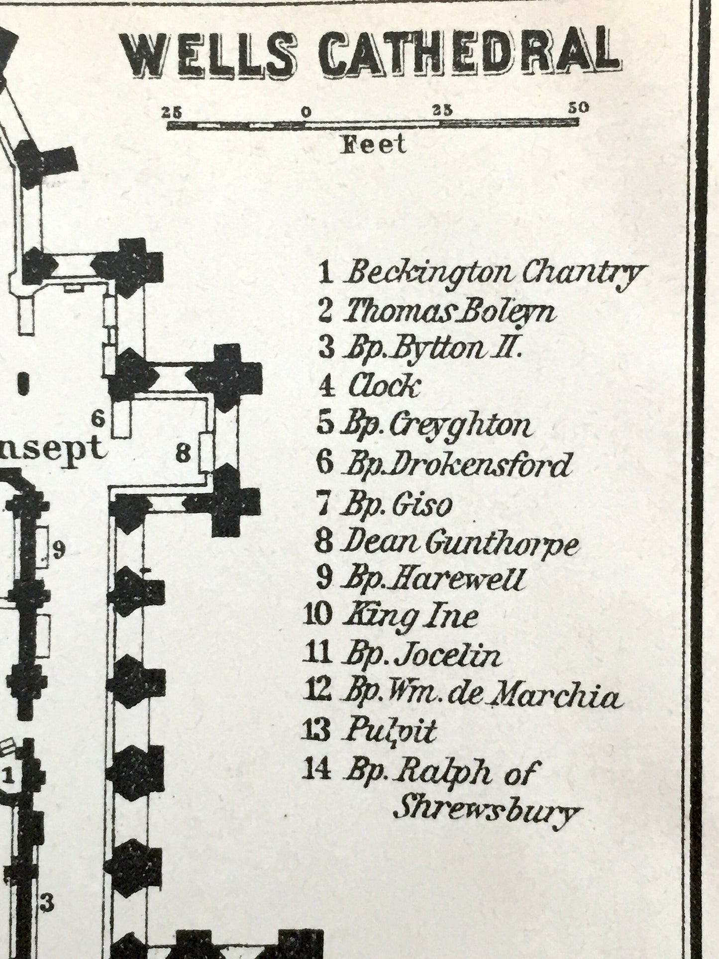 Antique 1927 Wells Cathedral Architectural Plan from Baedekers Atlas of Great Britain – Somerset, England, Mendip, Bishops Palace, Woodbury
