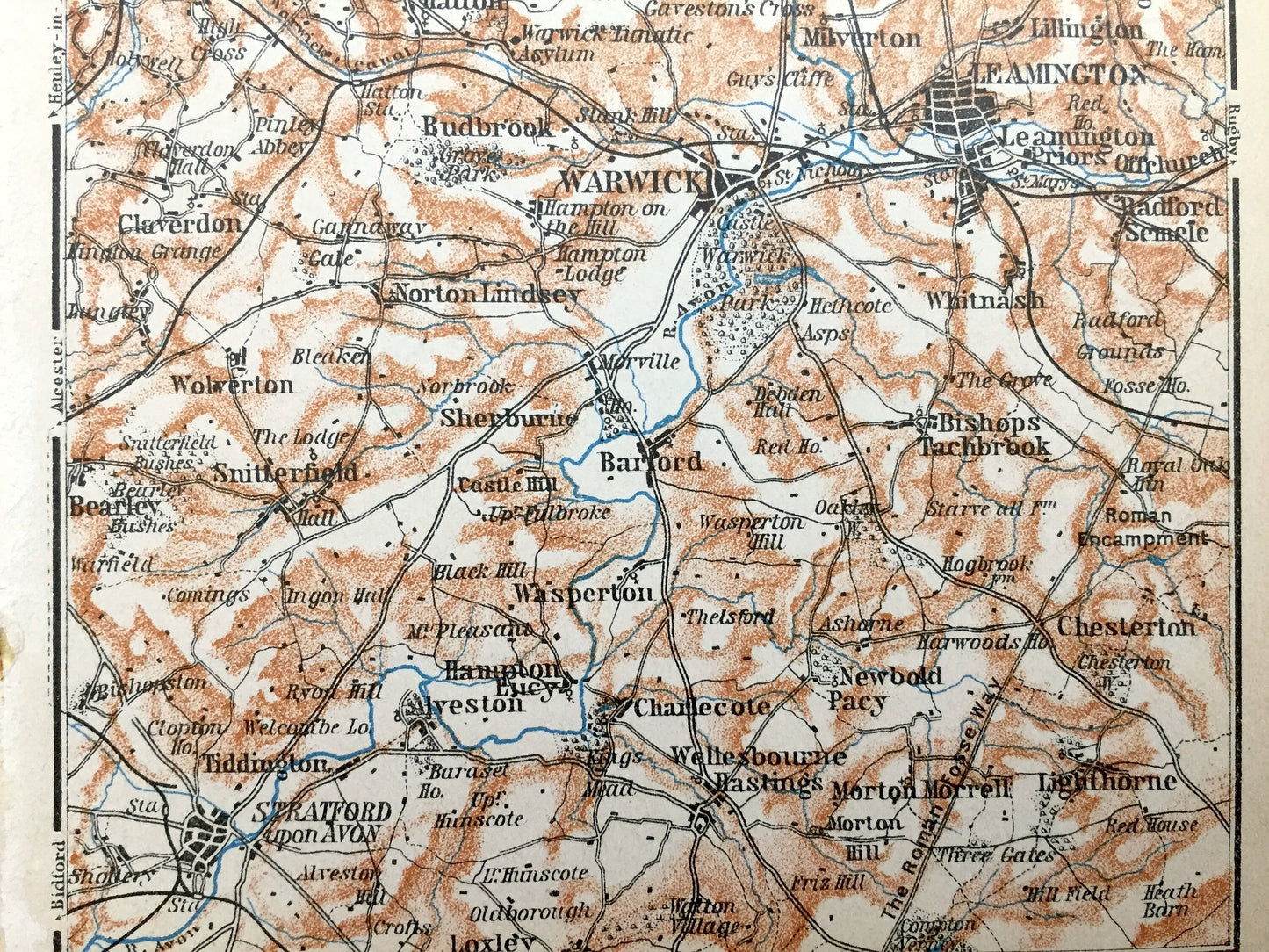 Antique 1927 Warwickshire County, England Map from Baedekers Atlas of Great Britain – West Midlands, Warwick, Leamington, Coventry Stratford