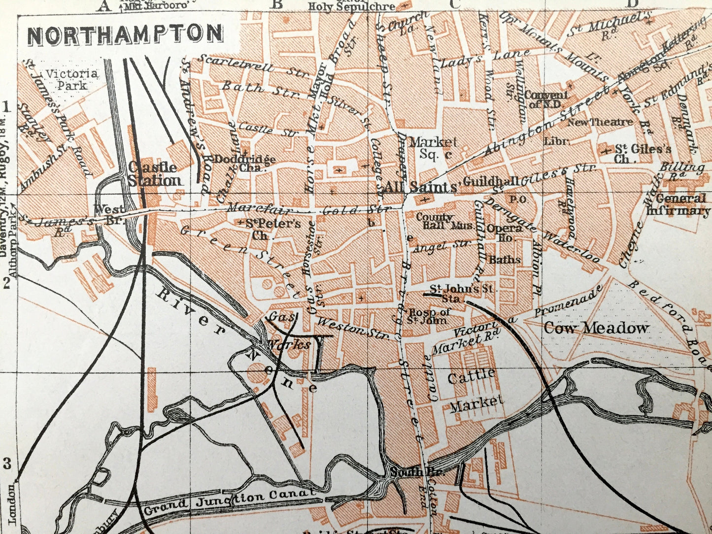 Antique 1927 Northampton & Coventry, England Map from Baedekers Atlas of Great Britain – Midlands, Northamptonshire, Warwickshire, Spon End