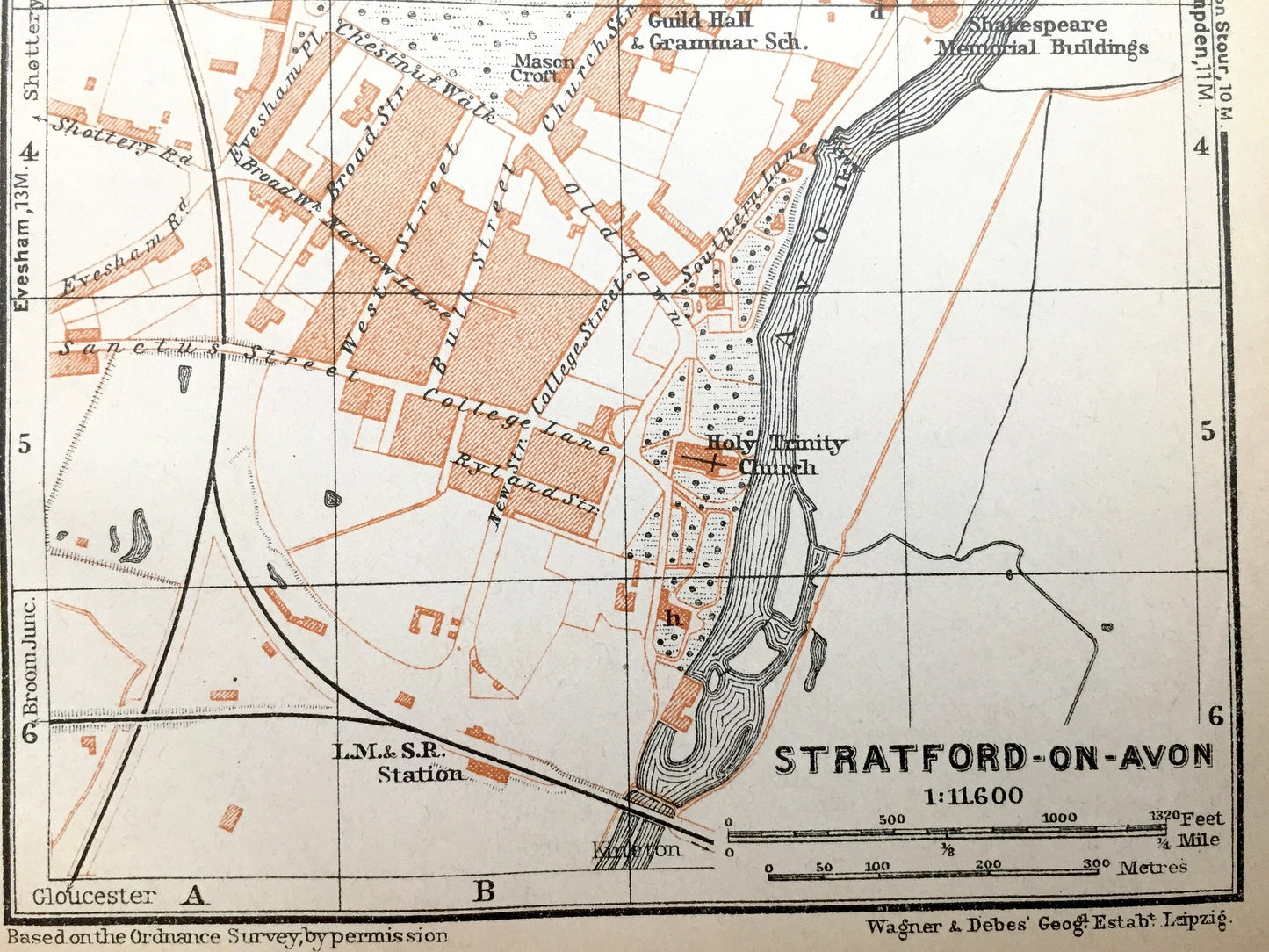 Antique 1927 Stratford-on-Avon, England Map from Baedekers Atlas of Great Britain – Warwickshire, Shakespeare's Birthplace, Elizabethan