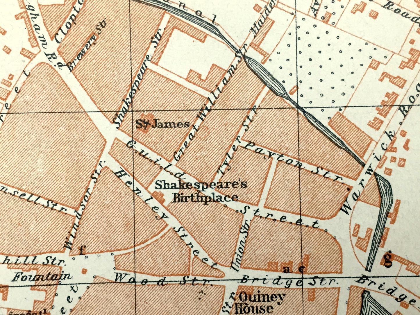 Antique 1927 Stratford-on-Avon, England Map from Baedekers Atlas of Great Britain – Warwickshire, Shakespeare's Birthplace, Elizabethan