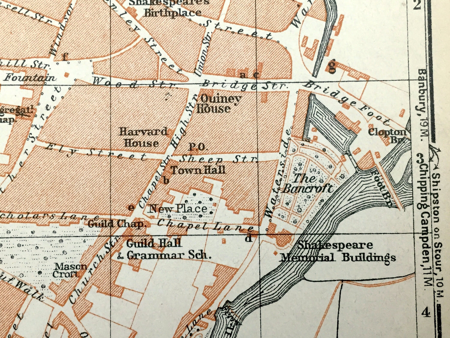 Antique 1927 Stratford-on-Avon, England Map from Baedekers Atlas of Great Britain – Warwickshire, Shakespeare's Birthplace, Elizabethan