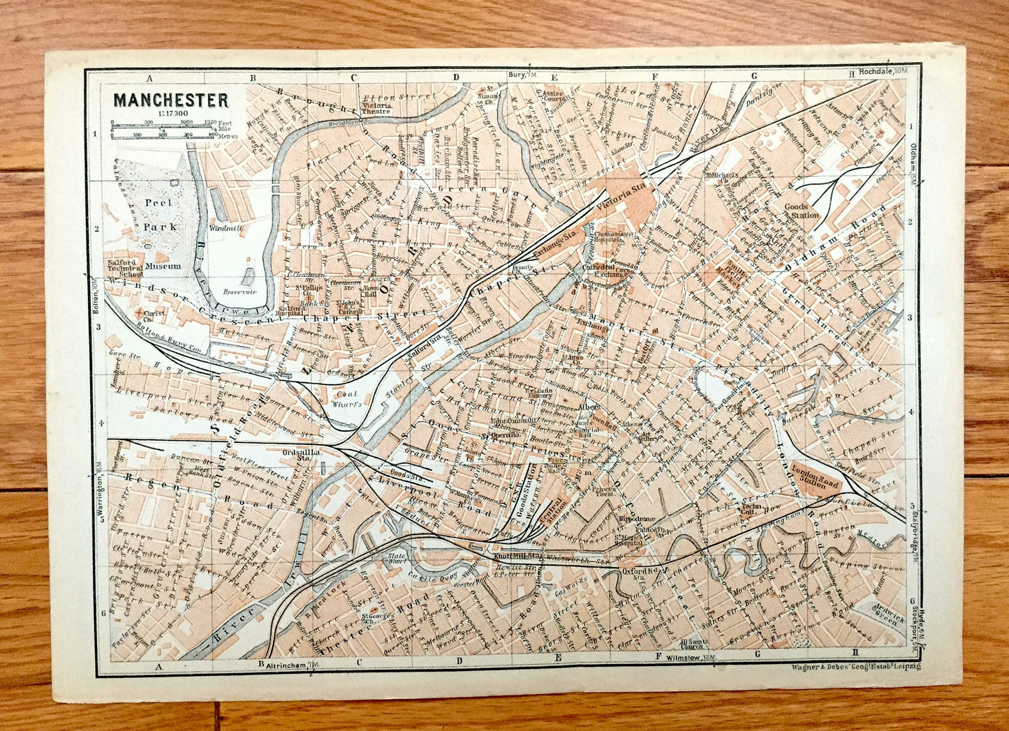 Antique 1927 Liverpool & Manchester, England Map from Baedekers Atlas of Great Britain – Lancashire, Merseyside, Cheshire, Birkenhead Mersey