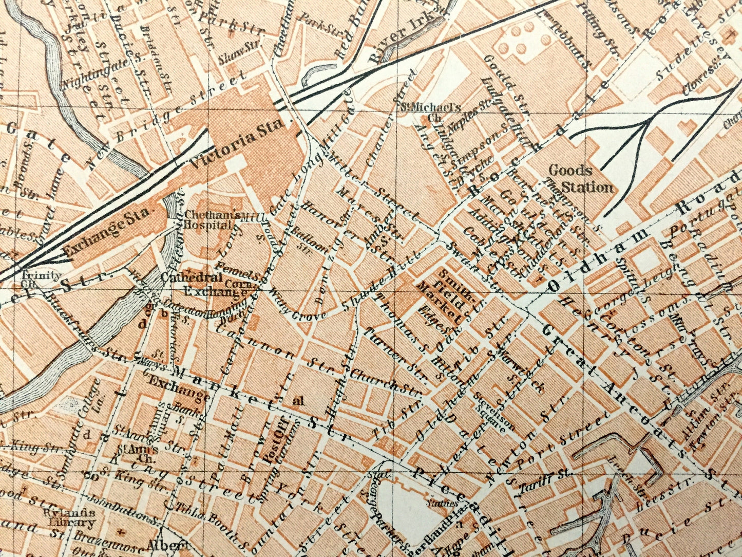 Antique 1927 Liverpool & Manchester, England Map from Baedekers Atlas of Great Britain – Lancashire, Merseyside, Cheshire, Birkenhead Mersey