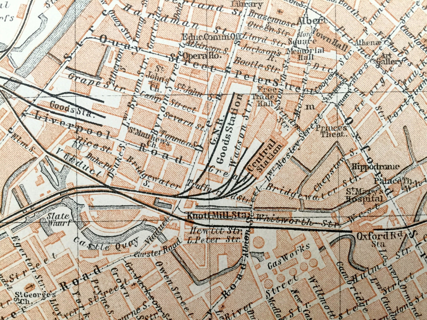 Antique 1927 Liverpool & Manchester, England Map from Baedekers Atlas of Great Britain – Lancashire, Merseyside, Cheshire, Birkenhead Mersey
