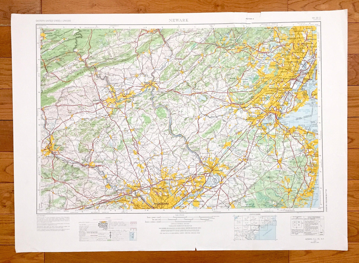 Antique Newark, New Jersey 1944 US Geological Survey Topographic Map – Elizabeth, Hoboken, Paterson, Trenton, Asbury Park, Philadelphia