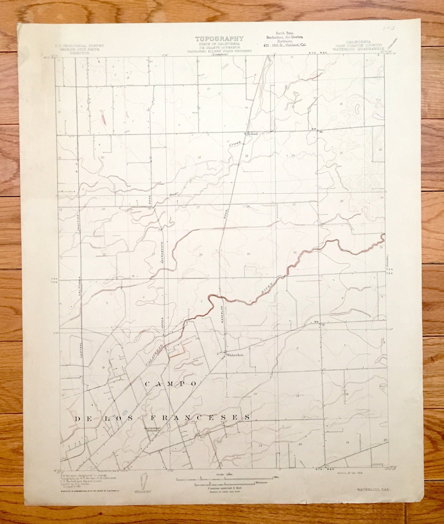 Antique Waterloo, California 1908 US Geological Survey Topographic Map – San Joaquin County, Calaveras River, Stockton, Morada, Lockeford