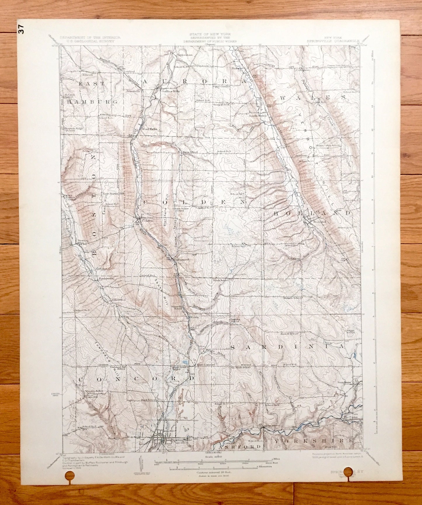 Antique Springville, New York 1925 US Geological Survey Topographic Map - Concord, Sardinia, Ashford, Yorkshire, Boston, Colden, Holland
