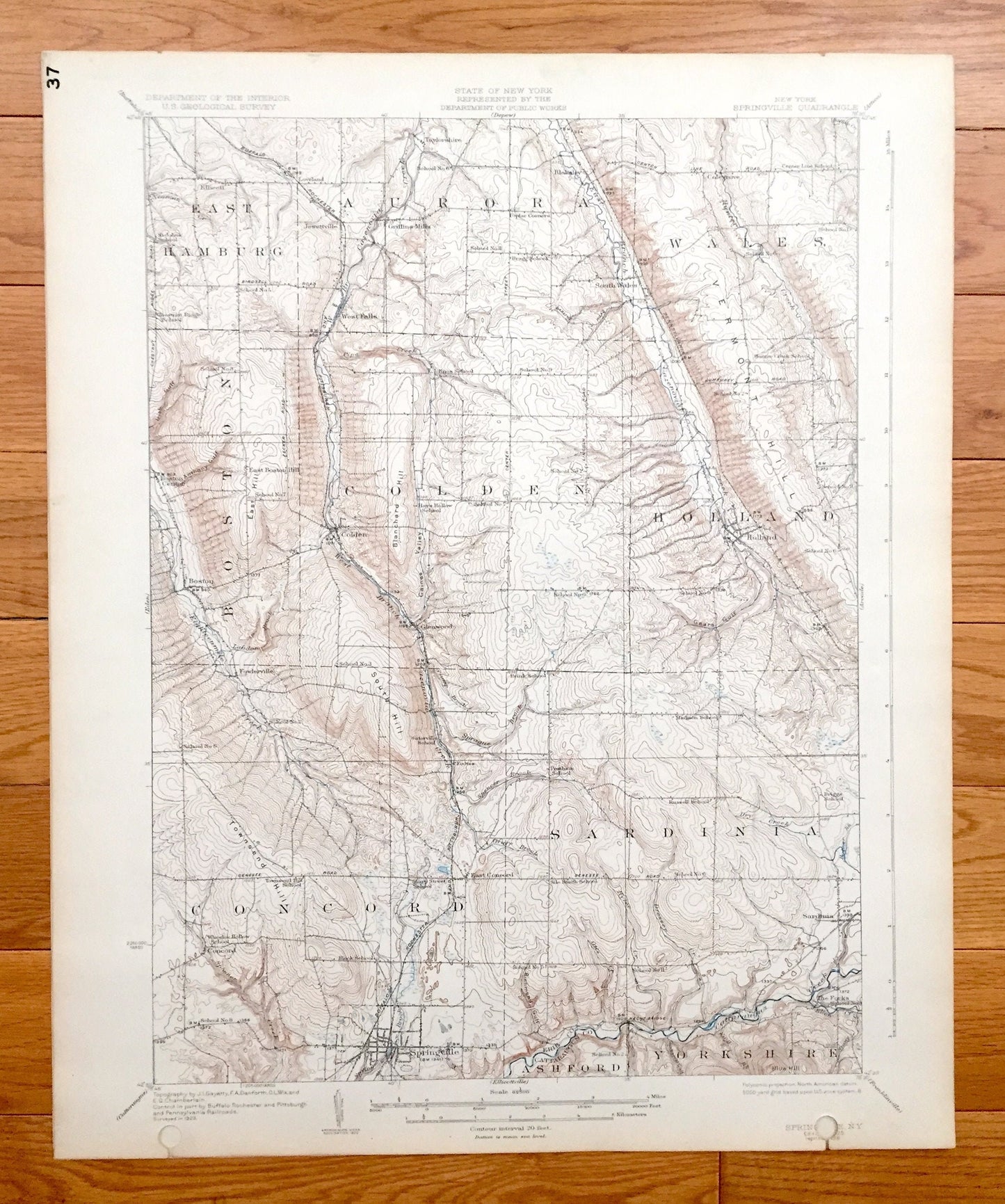 Antique Springville, New York 1925 US Geological Survey Topographic Map - Concord, Sardinia, Ashford, Yorkshire, Boston, Colden, Holland