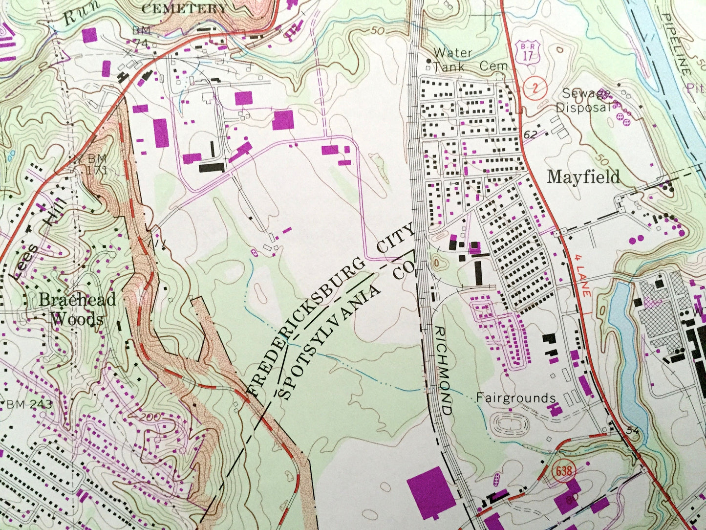 Antique Fredericksburg, Virginia 1966 US Geological Survey Topographic Map – Stafford, Spotsylvania, Rappahannock, Falmouth, White Oak, VA