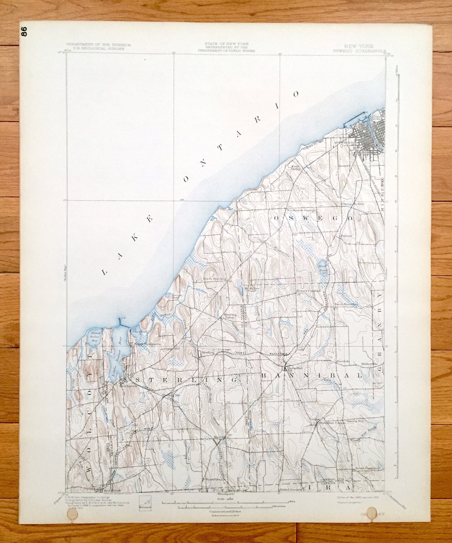 Antique Oswego, New York 1900 US Geological Survey Topographic Map – Cayuga County, Sterling, Hannibal, Wolcott, Minetto, Fairhaven, NY