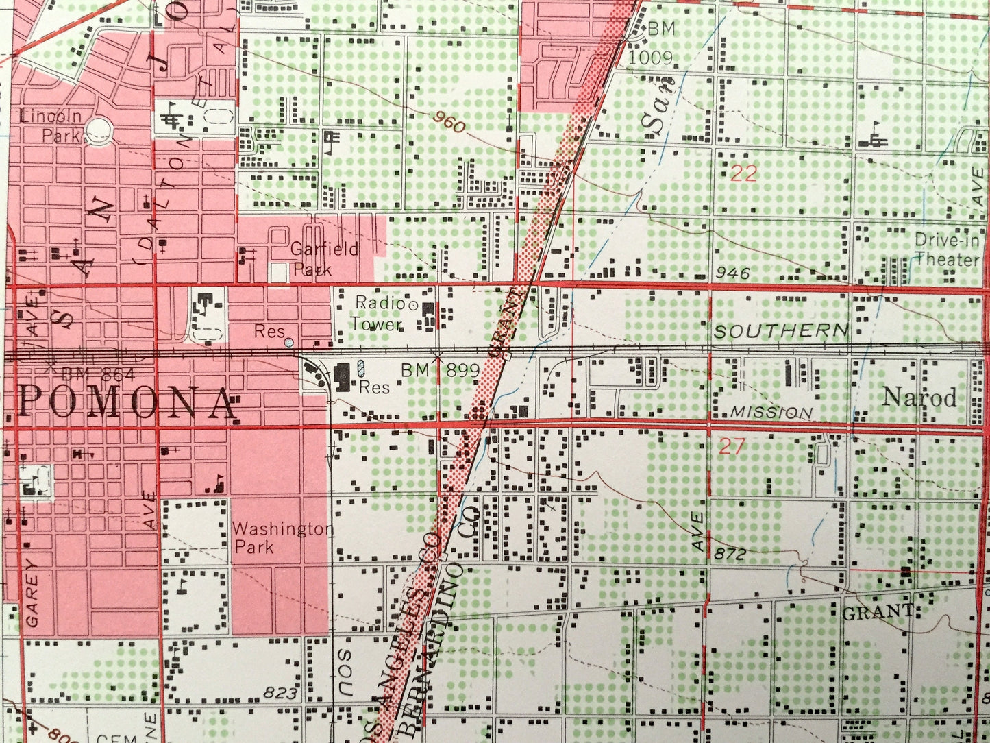 Antique Ontario, California 1954 US Geological Survey Topographic Map – Pomona, Cucamonga, Upland, Chino, Champagne, Glen Avon Heights, CA