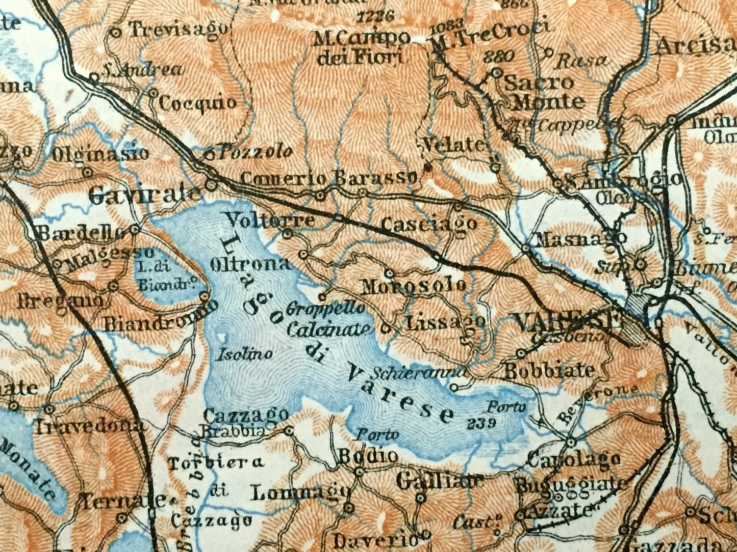 Antique 1904 Lago Maggiore, Italy Map from Baedekers Guide – Lombardy, Piedmont, Varese, Locarno, Pallanza, Stresa, Luino, Arona, Angera