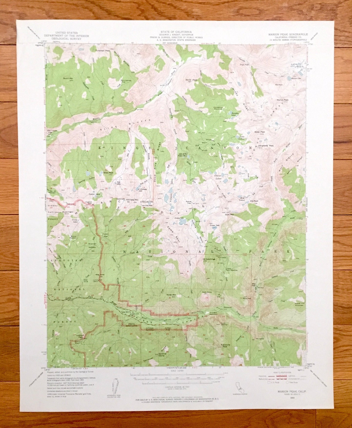 Antique Kings Canyon, California 1953 US Geological Survey Topographic Map – Marion Peak, National Park, Fresno County, Sequoia Forest, CA