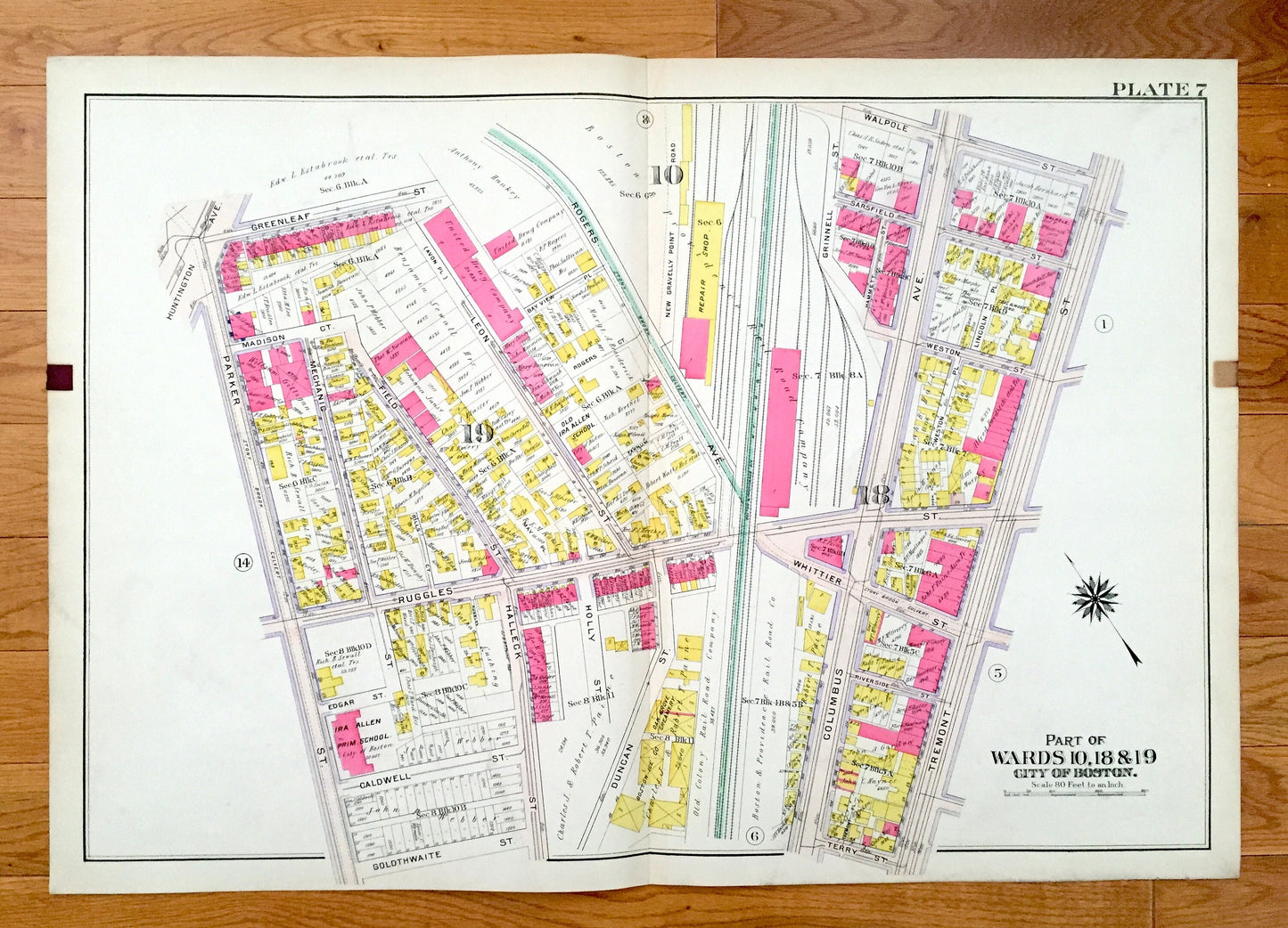 Antique 1906 Brookline, Massachusetts Map from GW Bromley Atlas – Roxbury, Boston, Suffolk County, Mission Hill, Northeastern, Wentworth