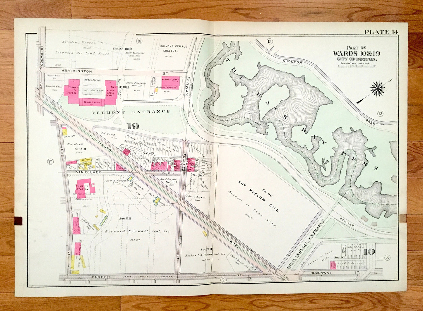 Antique 1906 Boston, Massachusetts Map from GW Bromley Atlas – Museum of Fine Art, Isabella Stuart, Suffolk County, Brookline, West Fens, MA