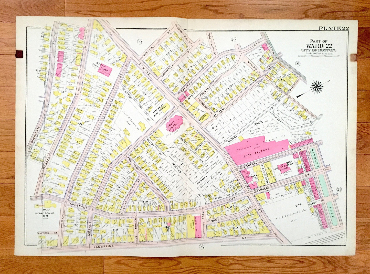 Antique 1906 Brookline, Massachusetts Map from GW Bromley Atlas – Boston, Suffolk County, Roxbury, Mission Hill, Lower, Jackson Square, Fort