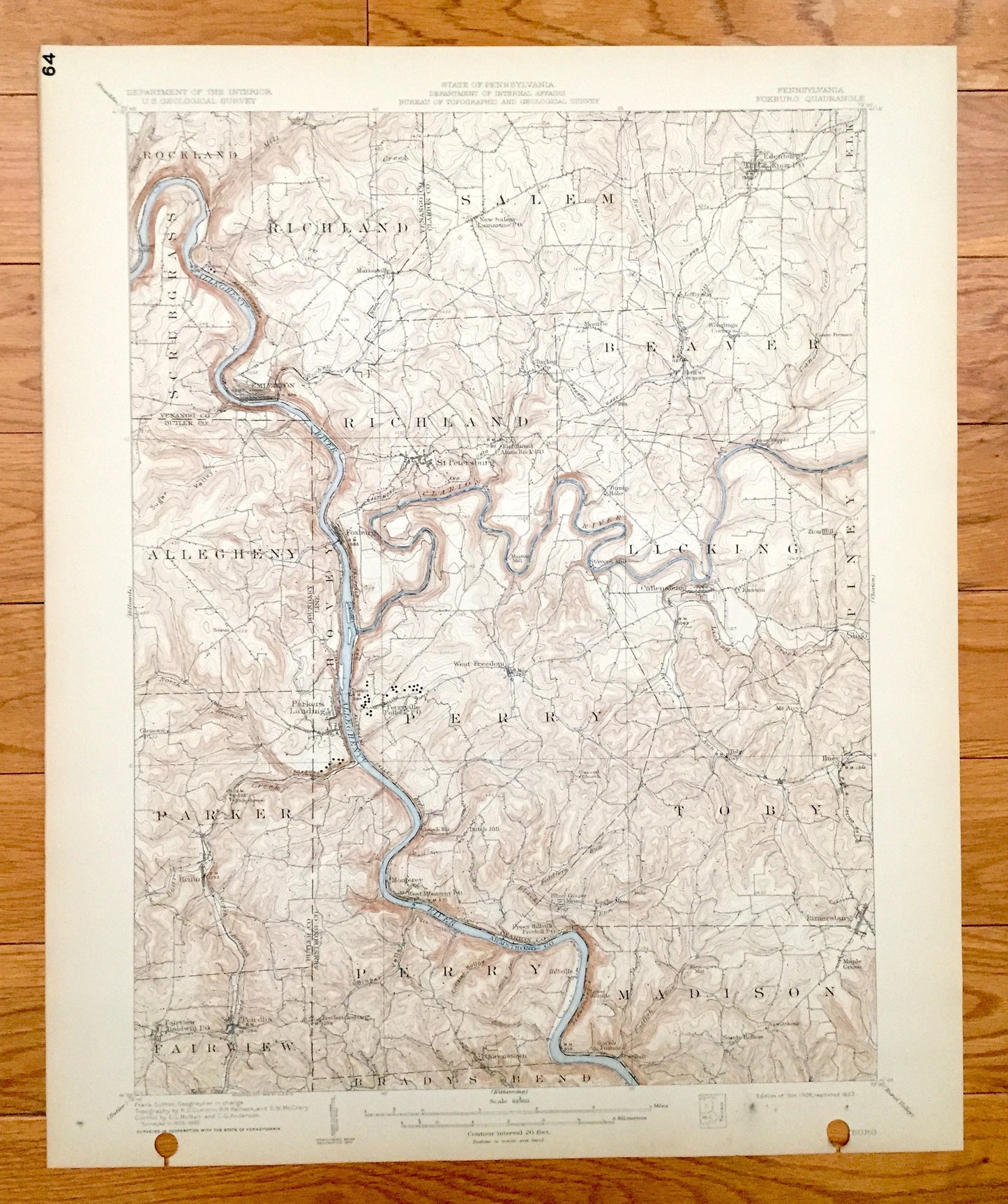 Antique Foxburg, Pennsylvania 1908 US Geological Survey Topographic Map - Scrubgrass, Rockland, Richland, Salem, Beaver, Piney, Allegheny