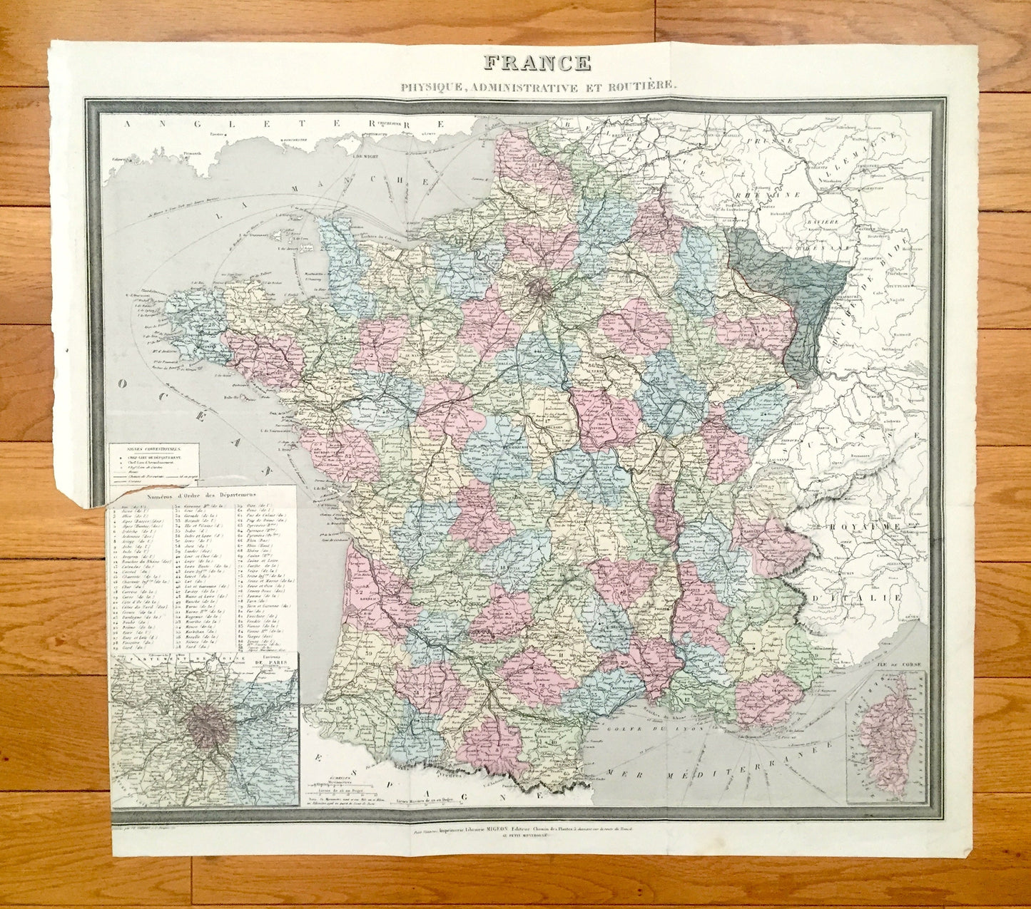 Antique 1869 France Map from Atlas National by Migeon – Paris, Marseilles, Toulouse, Bordeaux, Lille, Nantes, Lyon, Corisica, Normandy