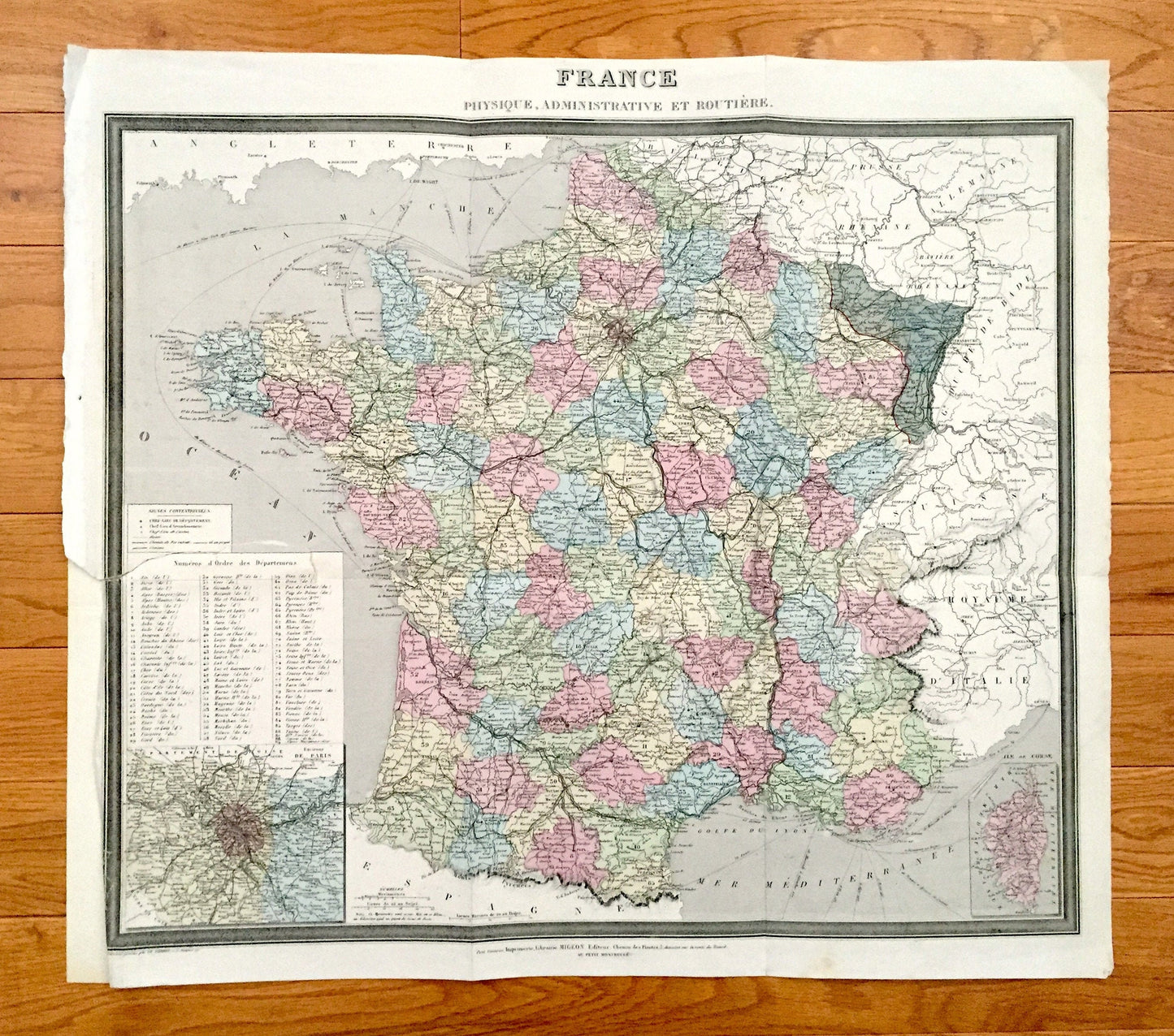 Antique 1869 France Map from Atlas National by Migeon – Paris, Marseilles, Toulouse, Bordeaux, Lille, Nantes, Lyon, Corisica, Normandy
