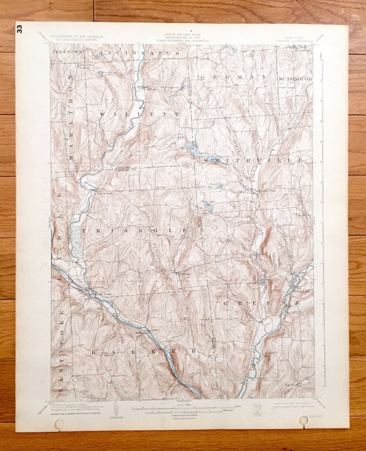 Antique Greene, New York 1904 US Geological Survey Topographic Map – Cortland, Broome, Chenango County, Whitney Point, Willett, Triangle, NY