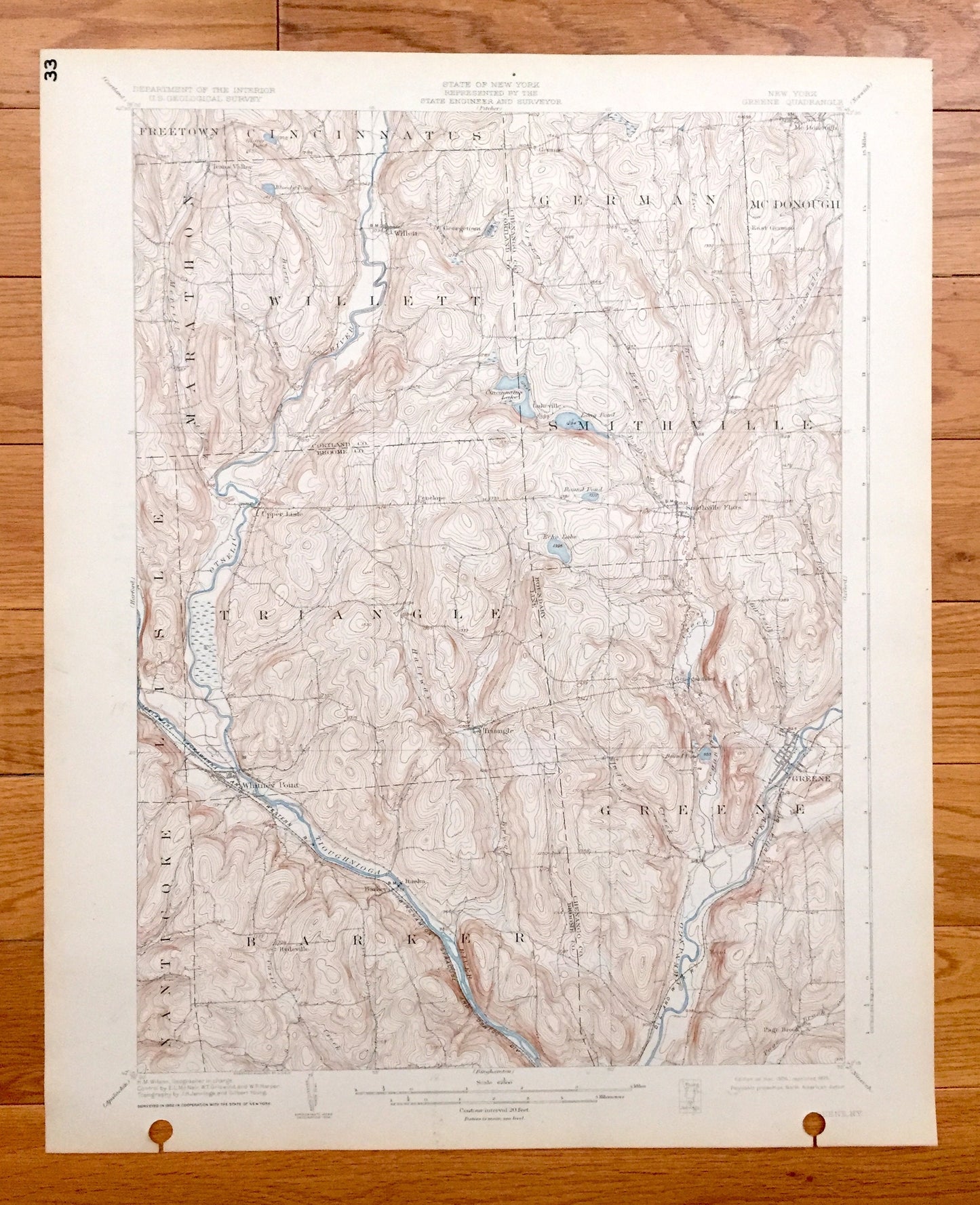 Antique Greene, New York 1904 US Geological Survey Topographic Map – Cortland, Broome, Chenango County, Whitney Point, Willett, Triangle, NY