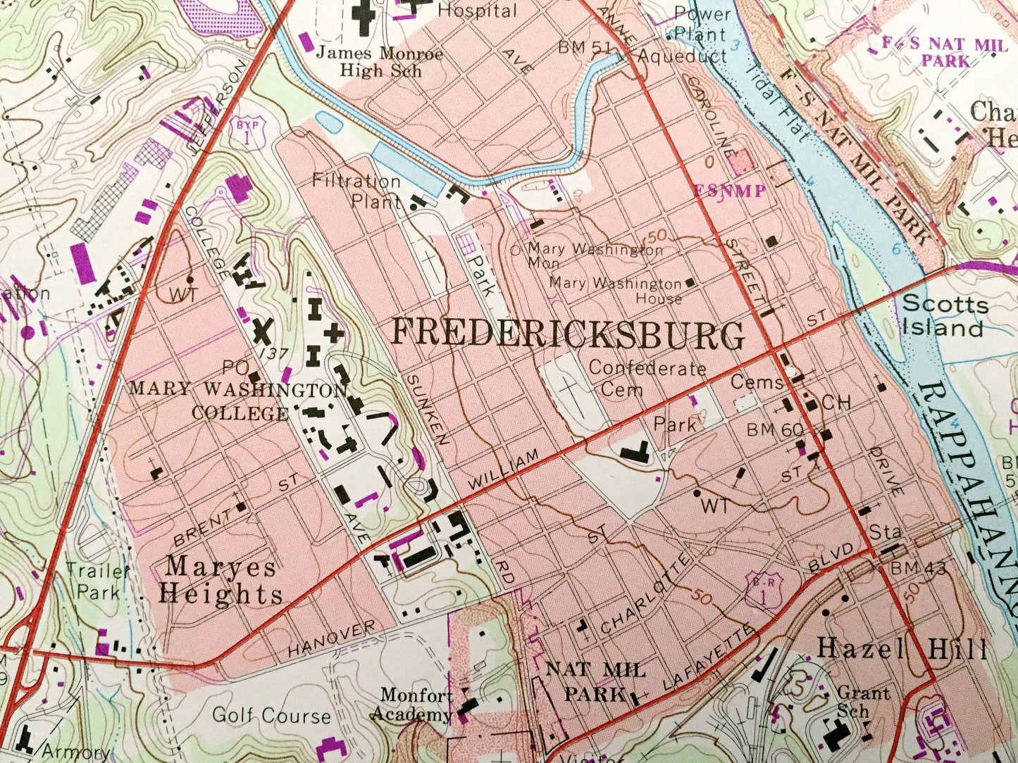 Antique Fredericksburg, Virginia 1966 US Geological Survey Topographic Map – Stafford, Spotsylvania, Rappahannock, Falmouth, White Oak, VA