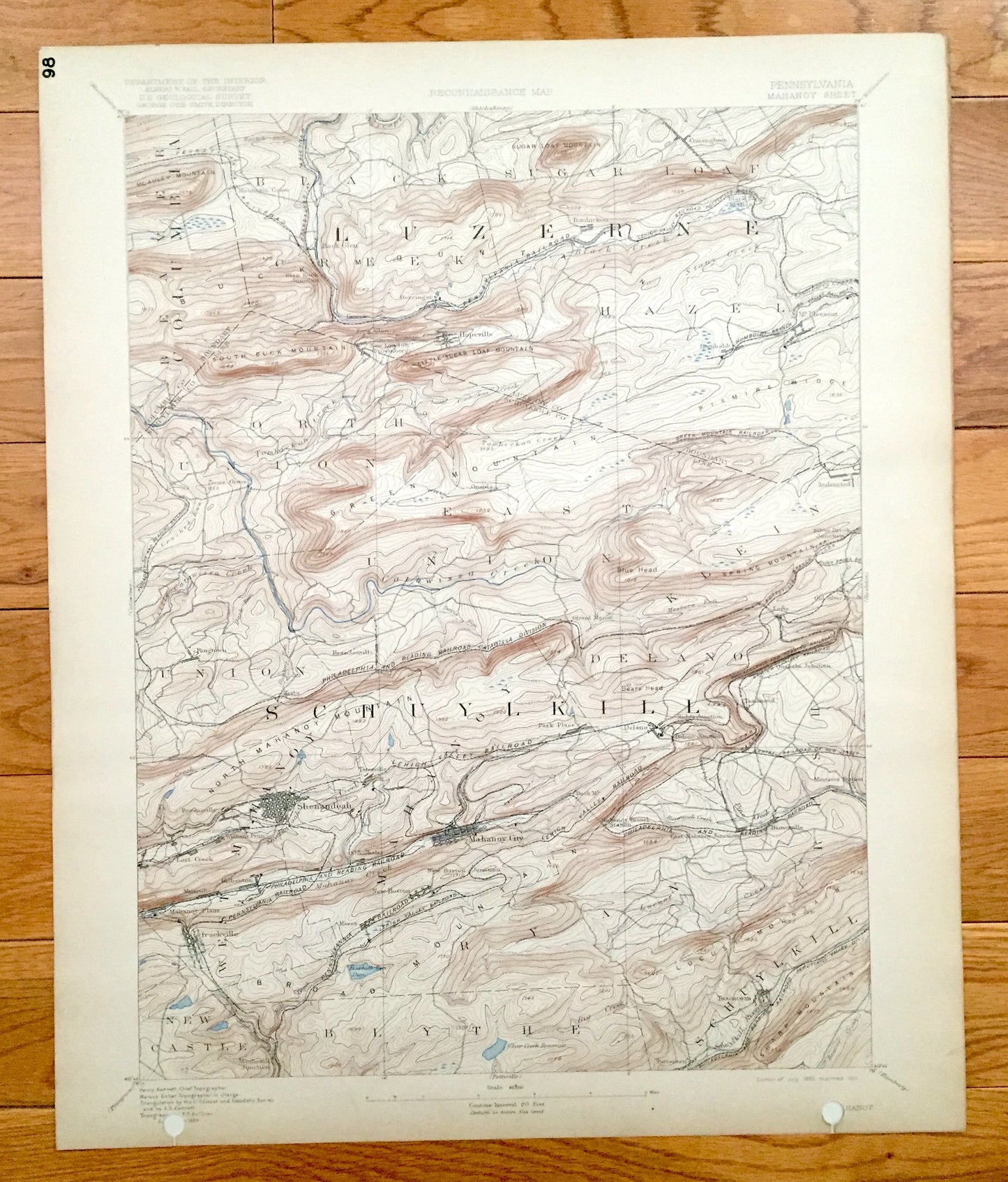 Antique Mahanoy, Pennsylvania 1893 US Geological Survey Topographic Map - Shenandoah, Hopeville, Frackville, Delano, Schuylkill County, PA