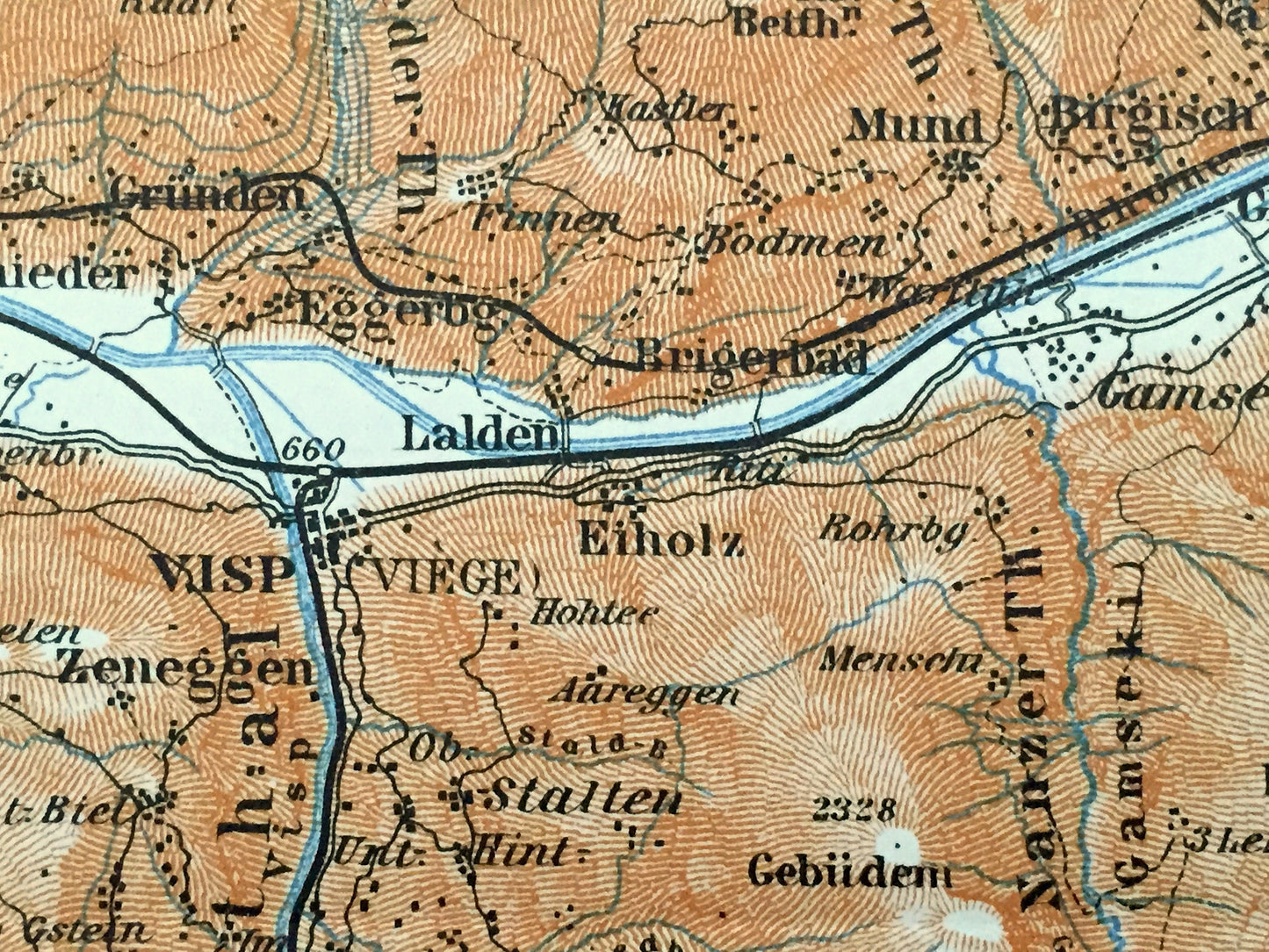 Antique 1913 Brig, Switzerland Map from Baedekers Guide Atlas – Visp, Raron, Gampel, Stalden, Randa, Dom, Tasch, Saas Grund, Balen, Torbel