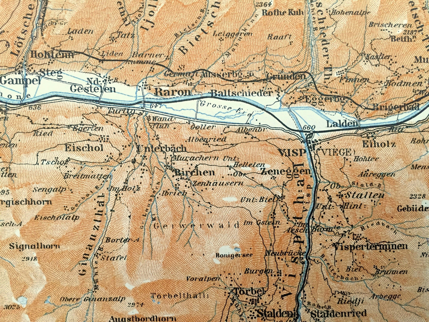 Antique 1913 Brig, Switzerland Map from Baedekers Guide Atlas – Visp, Raron, Gampel, Stalden, Randa, Dom, Tasch, Saas Grund, Balen, Torbel