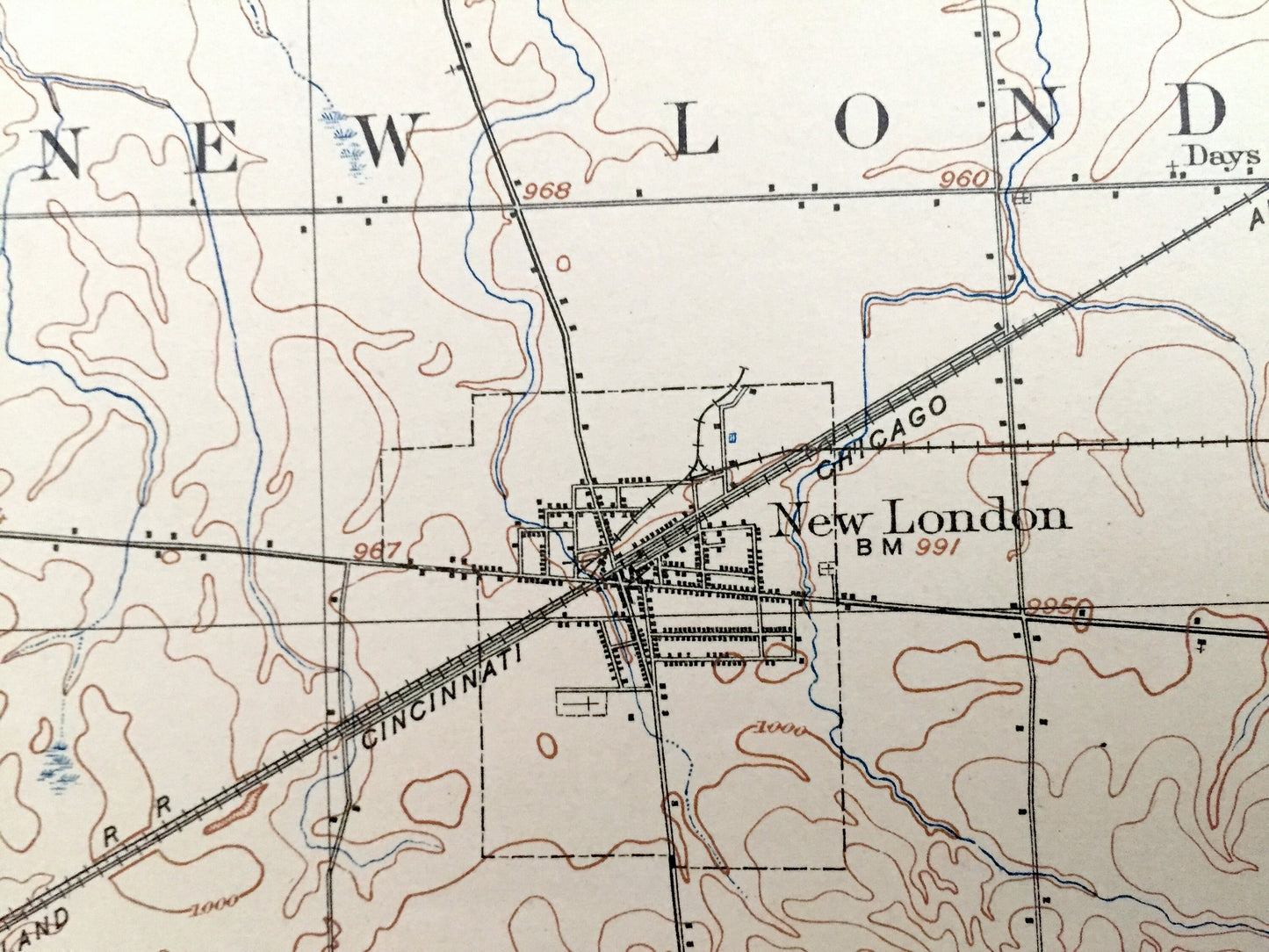 Antique New London, Ohio 1908 US Geological Survey Topographic Map - Greenwich, Ruggles, Troy, Sullivan, Rochester, Fitchville, Clarksfield