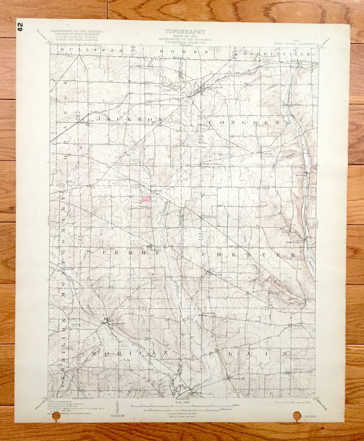 Antique West Salem, Ohio 1908 US Geological Survey Topographic Map - Sullivan, Homer, Harrisville, Orange, Jackson, Congress, Montgomery