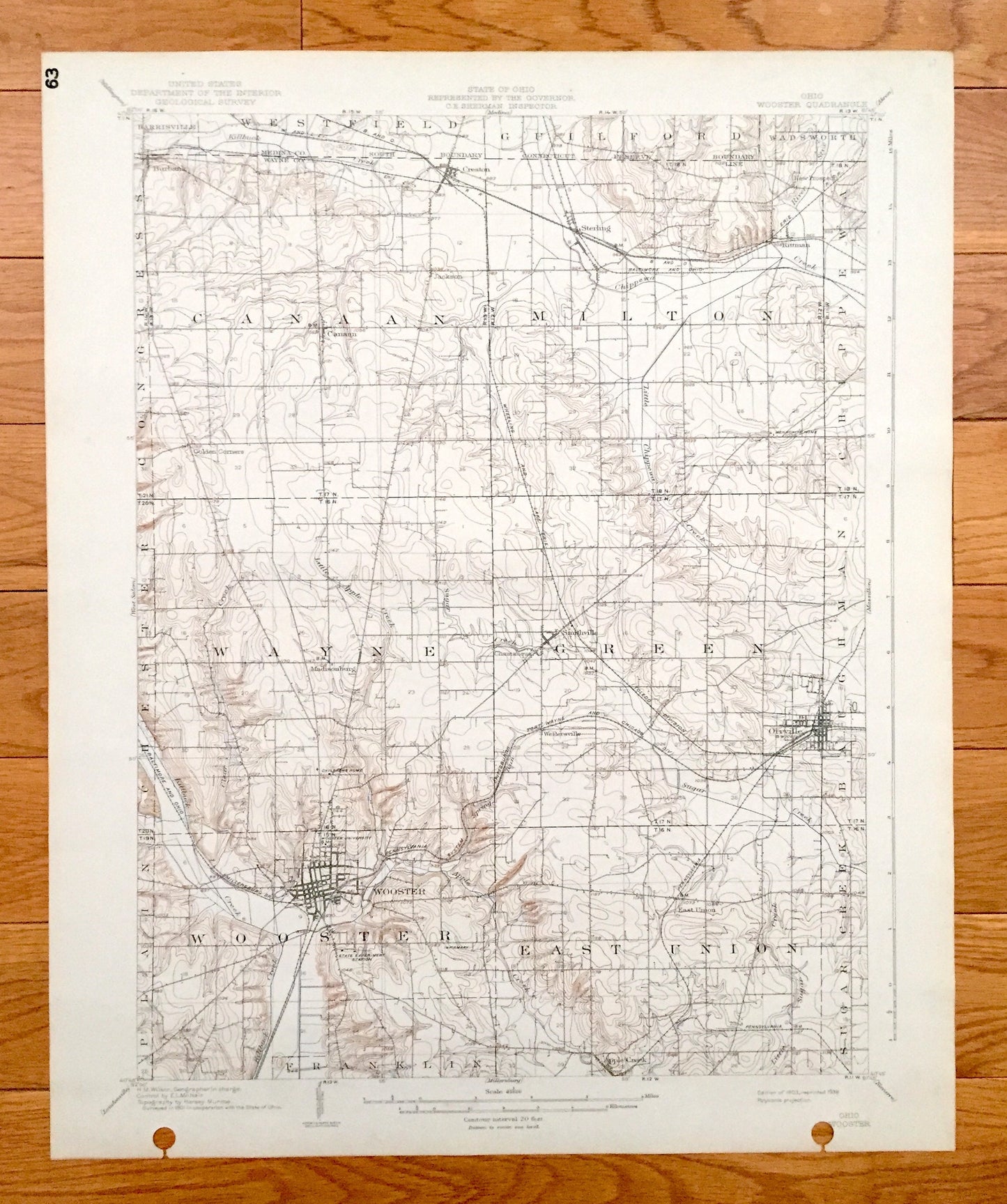 Antique Wooster, Ohio 1903 US Geological Survey Topographic Map - Franklin, East Union, Plain, Wayne, Green, Baughman, Chippewa, Westfield