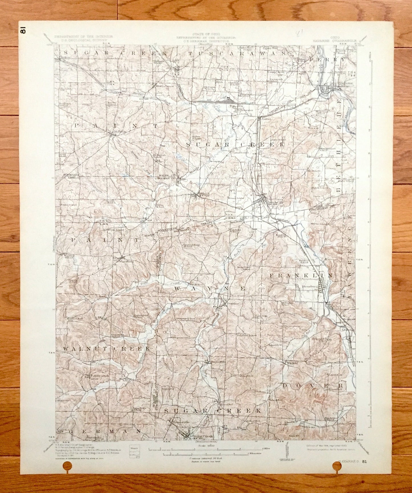 Antique Navarre, Ohio 1914 US Geological Survey Topographic Map - Perry, Bethlehem, Tuscarawas, Sugar Creek, Paint, Wayne, Franklin, Dover