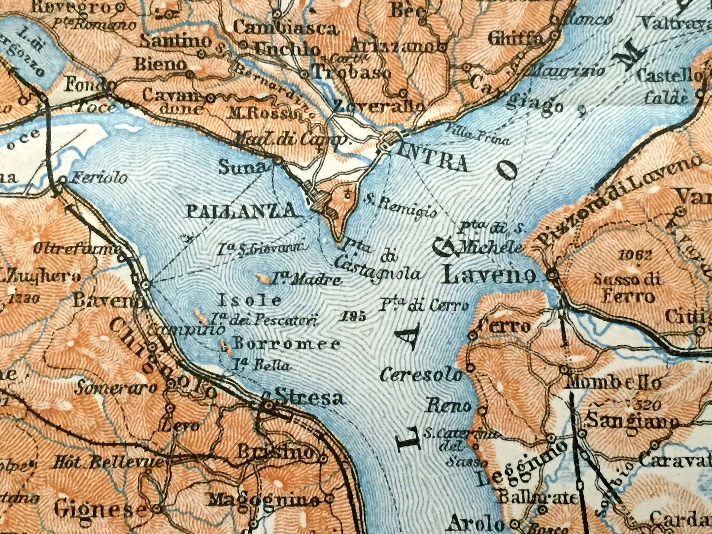 Antique 1904 Lago Maggiore, Italy Map from Baedekers Guide – Lombardy, Piedmont, Varese, Locarno, Pallanza, Stresa, Luino, Arona, Angera