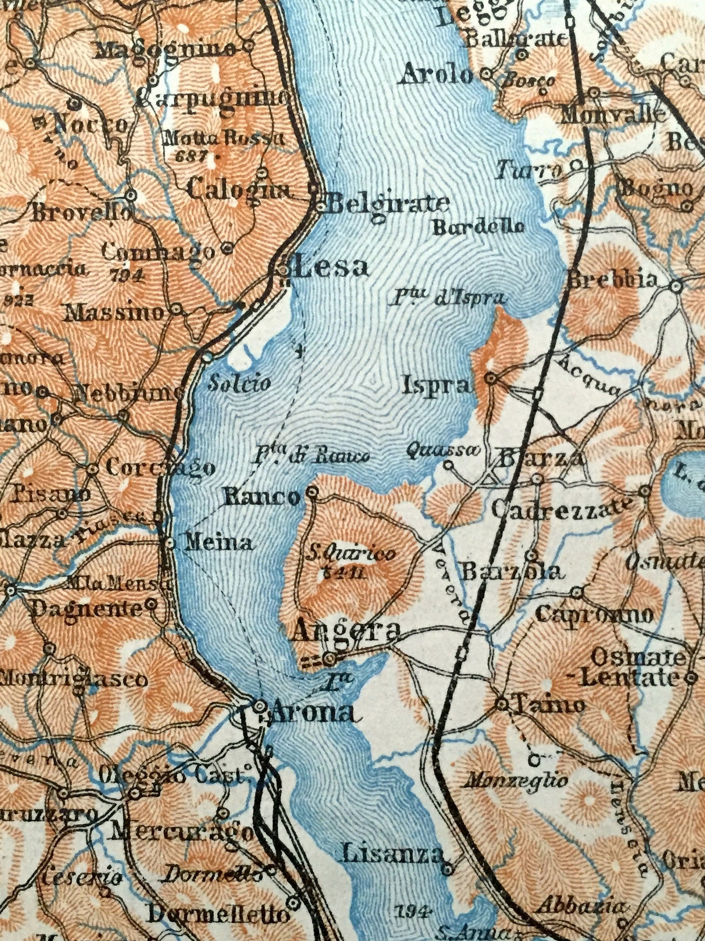 Antique 1904 Lago Maggiore, Italy Map from Baedekers Guide – Lombardy, Piedmont, Varese, Locarno, Pallanza, Stresa, Luino, Arona, Angera